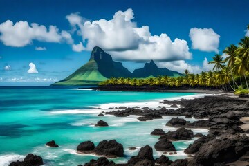 Wall Mural - **landscape with le mome beach and mountain at mauritius island, Africa