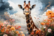 Watercolor drawing of a giraffe in the wild with flowers and clouds