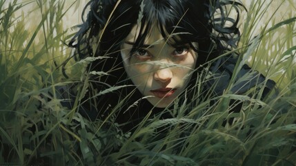 Poster - A painting of a woman hiding in tall grass