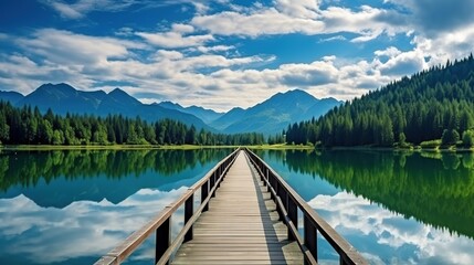 Poster - Very long Lake pier at evening with mountains on background. Reflection of the forest in the green water with blue cloudy sky. panoramic landscape. 