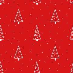 Wall Mural - Seamless pattern with hand drawn Christmas trees. Vector illustration in simple flat doodle style.