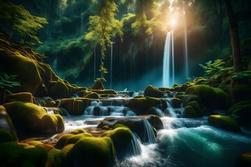 **beautiful 3d nature and landscape wallpaper of a waterfall in a forest with sun ray