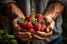 Closeup Of Farmer's Hands Holding Fresh Ripe Sweet Strawberry