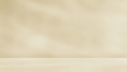 Empty cream room studio with sunlight effect shadow on the wall and floor. Minimal background for product presentation. Summer or spring backdrop concept. Cosmetic and beauty products display room.