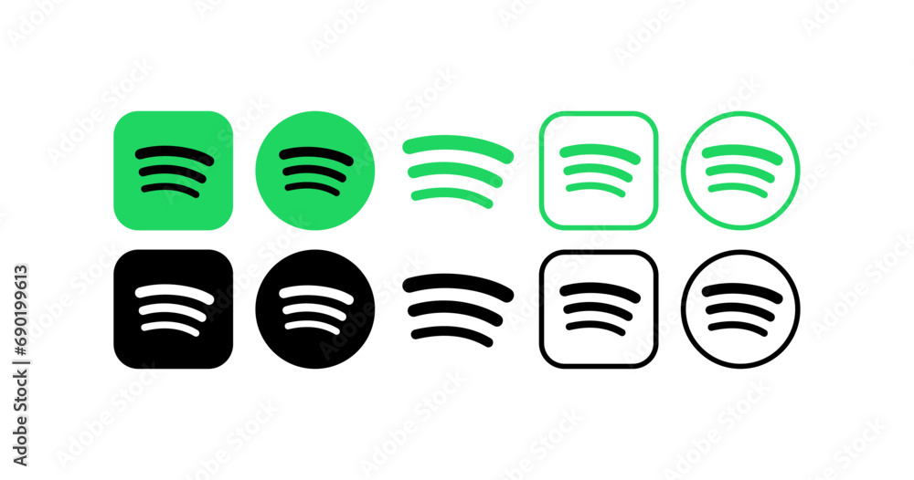 Spotify music platform logo icons. Spotify social network logos collection. Isolated music service logos icons. Editorial Spotify social media set. Vector icons