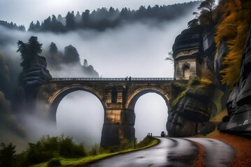 Poster - **misty foggy landscape of the  pravcicka gate (pravcicka brana) the largest natural sandstone arch in europe in czech switzerland (bohemian switzerland or ceske svycarsko) national park