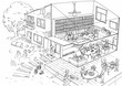 空き家を利活用してシェアハウスにリノベーションしたビフォーアフターの線画イラスト