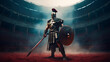 Legendary and mysterious gladiator standing armed in fighting arena. Postproducted generative AI illustration.