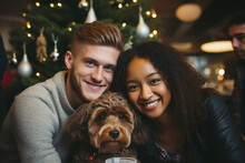Young Family With Favorite Pet Doggy Kitten Sitting Festive Christmas Table Generative AI