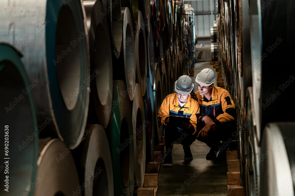 Checking Inventory Engineering Warehouse inventory management in metalwork factory with engineer or ...