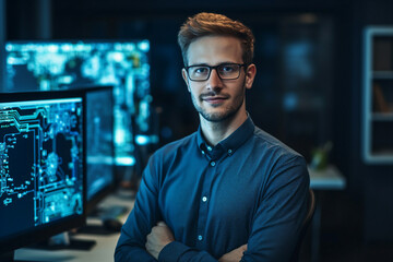 Generative AI conceptual portrait of successful business person man woman hacker programmer in office