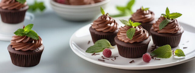 Wall Mural - Closeup of several delicious cupcakes with mint and chocolate cream ganache on white plate, biscuit muffins on pastel background with copy space, banner template.