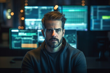 Generative AI conceptual portrait of successful business person man woman hacker programmer in office