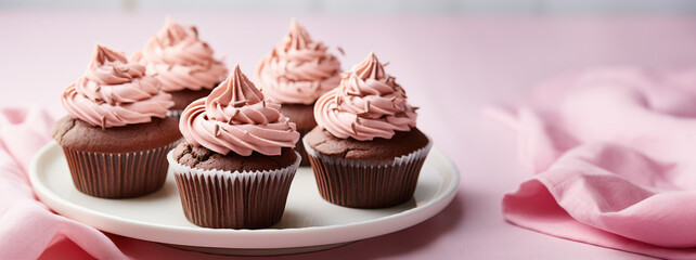 Wall Mural - Closeup of several delicious cupcakes with chocolate cream ganache on white plate, biscuit muffins on pastel pink background with copy space, banner template.