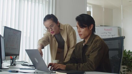 Medium long slowmo of female tutor guiding new male coder and helping with application developing using laptop