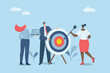 Setting attainable business goals, Business motivation for financial success, Business planning and company growth, Business team holding targets and arrows. Vector design illustration.
