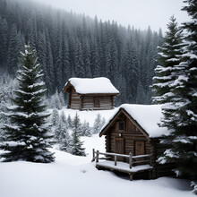 snow coverd house in forest