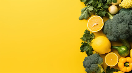 Wall Mural - Flatlay of fresh vegetables on yellow table