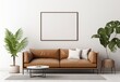 Brown leather sofa with white throw pillows and small table on rug. Two side plant decors against white plain wall and mockup frame poster.