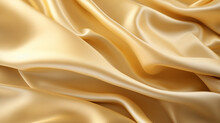 Silk Fabric Of Golden Color, Top View, Background And Pattern From Natural Material.