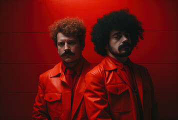 Studio portrait of two fashionable men with red jackets in front of red background