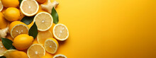 Lemons On Yellow Background With Ginger, Great For Vibrant Culinary Compositions