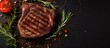 Grilled ribeye beef steak with rosemary fork and knife banner menu recipe place for text top view. Website header. Creative Banner. Copyspace image