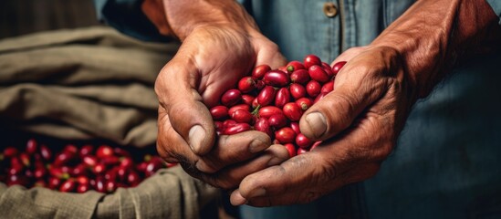 Canvas Print - Latin farmer showing picked red coffee beans in his hands Coffee farmer is harvesting coffee in the farm arabica coffee. Website header. Creative Banner. Copyspace image