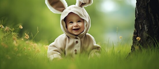 Sticker - Kid in bunny costume sitting on grass in park and smiling. Website header. Creative Banner. Copyspace image