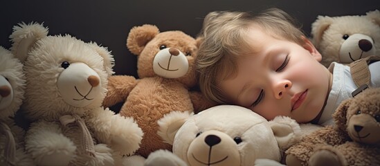 Sticker - Healthy toddler sweetest blonde boy sleeping in a bed with a teddy bear and another stuffed animals Beautiful baby have a healthy sleep in the bed Sleeping baby Sweet sleeping. Website header