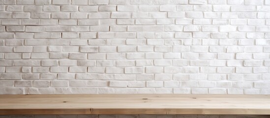 Poster - Empty wooden table over white brick wall template. Website header. Creative Banner. Copyspace image