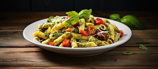 Aufkleber - Pasta salad with baked vegetables Penne pasta with baked peppers eggplant pesto and cheese in a white plate on a dark wooden table top view Italian food Rustic style Copy space for text