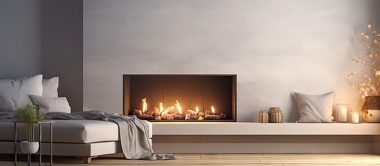Poster - Fireplace with beautiful decorations in comfortable living room. Website header. Creative Banner. Copyspace image
