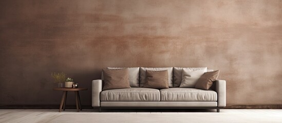 Poster - modern living room with brown modern sofa on carpet. Website header. Creative Banner. Copyspace image
