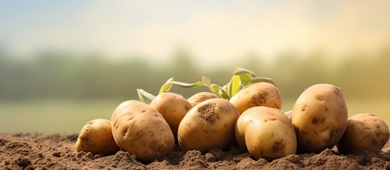 Wall Mural - Fresh Potato in the busket Fresh organic potatoes in the field harvesting potatoes from soil Selective focus. Website header. Creative Banner. Copyspace image