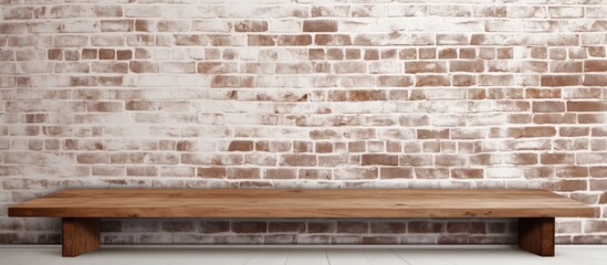 Poster - Empty wooden table over white brick wall template. Website header. Creative Banner. Copyspace image