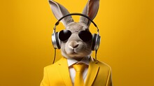 An Impeccably Dressed Rabbit, Sporting Chic Sunglasses, Fashionable Attire, And Headphones, Exuding Charm On A Sleek Yellow Backdrop, All Captured In Stunning Detail By A High-definition Camera.