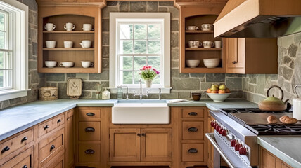 Cottage kitchen decor, interior design and country house, wooden in frame kitchen cabinetry, sink, stove and stone countertop, English countryside style