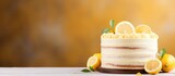 Fototapeta  - Lemon almond gluten free cake with cream cheese frosting selective focus. Website header. Creative Banner. Copyspace image