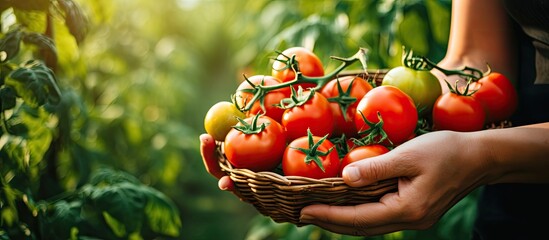 Sticker - Female hands harvesting fresh organic tomatoes and put it in the basket Vegetable Growing at garden Gardening concept. Website header. Creative Banner. Copyspace image