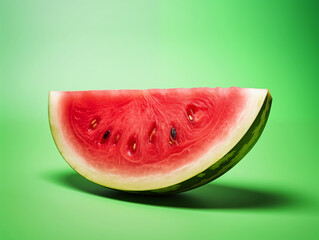 Fresh slice of juicy organic watermelon with seeds against a green background with studio lighting