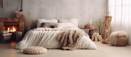 Aufkleber - Modern scandi boho style bedroom interior with decorative pillows wicker hat fruits and open book on bed macrame decorations and dreamcatcher hanging on wall panel Light warm home atmosphere
