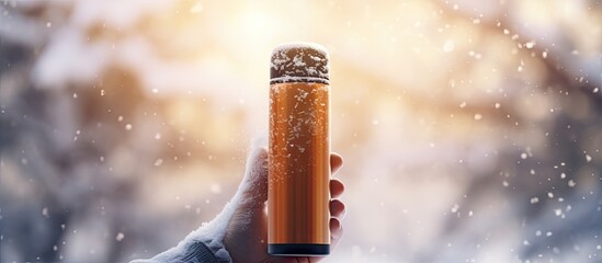 Sticker - Happy young man drink hot beverage from thermos cup outdoors at winter cold day in snow. Website header. Creative Banner. Copyspace image