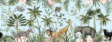 African Elephant, Lion, Giraffe, Panther, Zebra, Monkey, Sloth, Palms, Banana Trees, Palm Leaves, Hibiscus Flower Mural. Jungle Landscape.