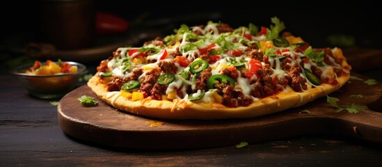 Wall Mural - Homemade Spicy Mexican Taco PIzza with Cilantro and Chorizo. Website header. Creative Banner. Copyspace image