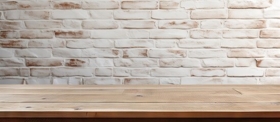 Poster - Empty wooden table over white brick wall template. Website header. Creative Banner. Copyspace image