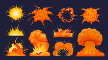 Bomb Explosion. Cartoon Dynamite Explosions Effect, Fire And Explosive Clouds. Destruction Bombs Flame. Comic Danger Boom Clouds For Digital Game. Vector Set
