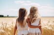 Two sisters, hand embracing at the waist in a back view, standing in a sunlit summer field, sharing a warm waist hug
