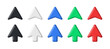 3d arrows. Realistic device multicolor pointers, 3d mouse cursor ui icons. Black and white, red and blue, green arrow interface symbols isolated vector set
