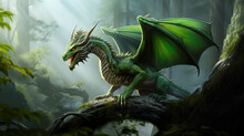 Green Dragon On Green Background With Copy Space. New Year Of The Dragon 2024